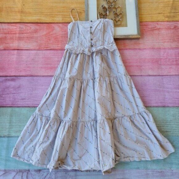 Ganni Gray Floral‎ Print Ruffle Poplin Tiered A-line Pocket Midi Sundress L - Picture 3 of 11